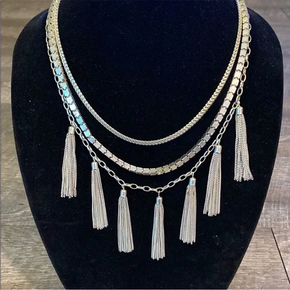 Silver Tassel Statement Necklace - Layered Boho 90s Y2K Holiday Glam - Picture 1 of 6
